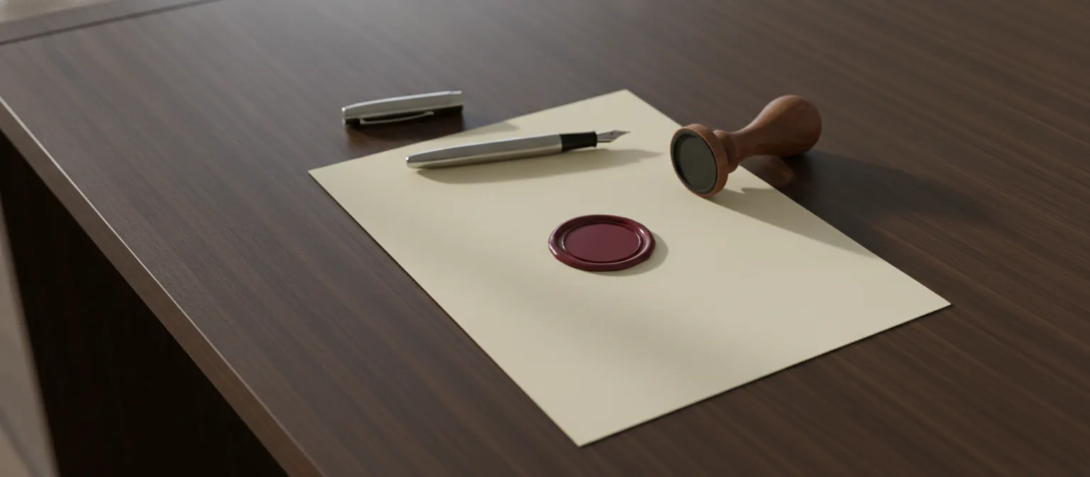 Caneta-tinteiro, carimbo de madeira e selo de cera vinho sobre papel em branco numa mesa de tabelionato