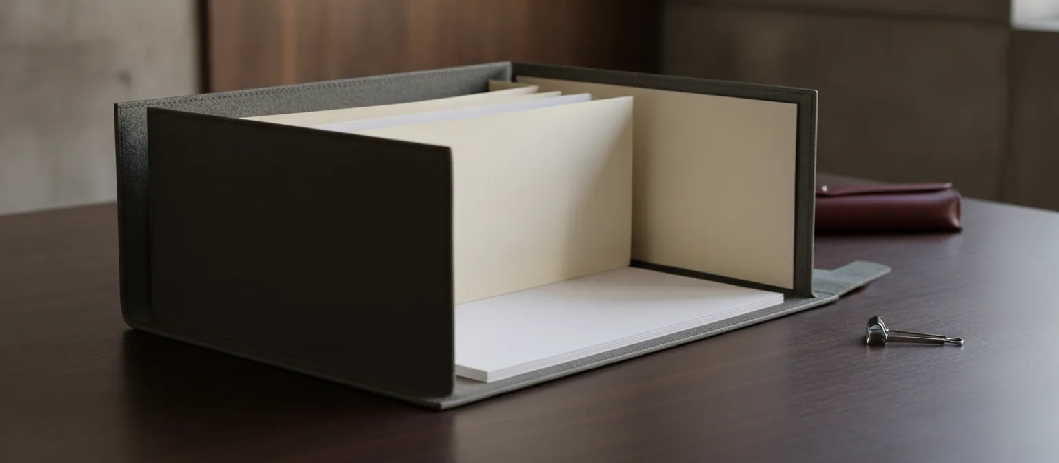 Pasta sanfonada de couro aberta com folhas em branco organizadas sobre mesa de madeira escura