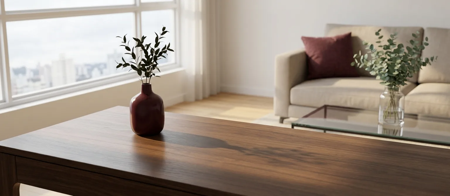 Sala de apartamento arrumada e iluminada por luz natural, com sofá claro, almofada vinho, vaso com galhos sobre mesa de madeira e janela ampla