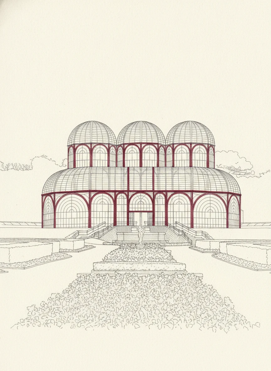 Ilustração da estufa do Jardim Botânico de Curitiba, símbolo da cidade